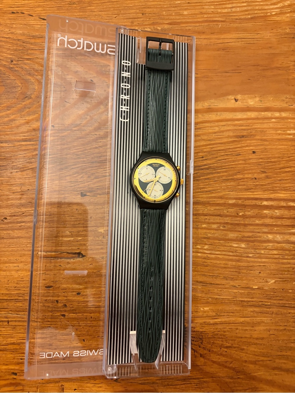 Swatch Black/Green Strap Watch with Gold Dial and Black Bezel